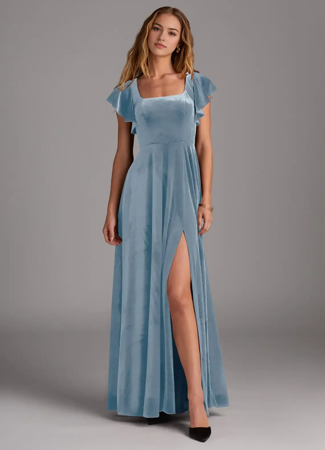 Square Neck Velvet Open Back High Slit Wedding Dress - Yihuiw by Yihuiw