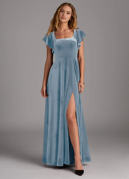 Square Neck Velvet Open Back High Slit Wedding Dress - Yihuiw by Yihuiw