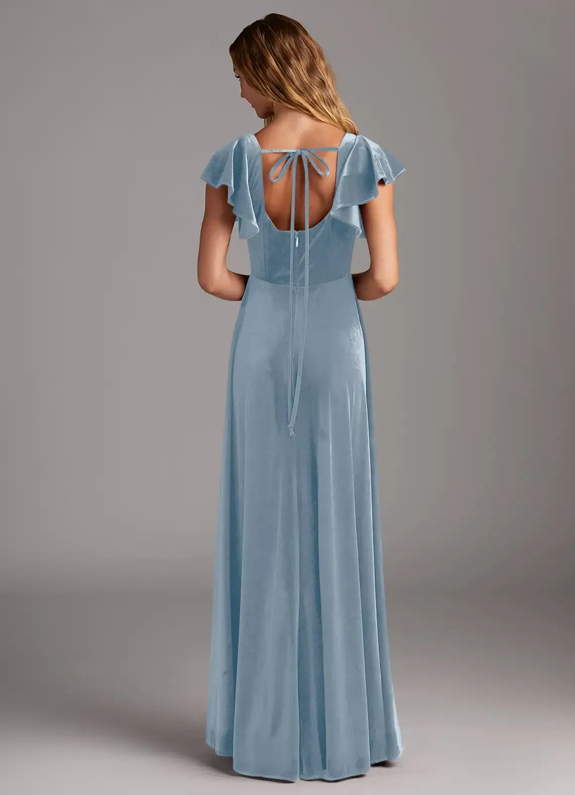 Square Neck Velvet Open Back High Slit Wedding Dress - Yihuiw by Yihuiw