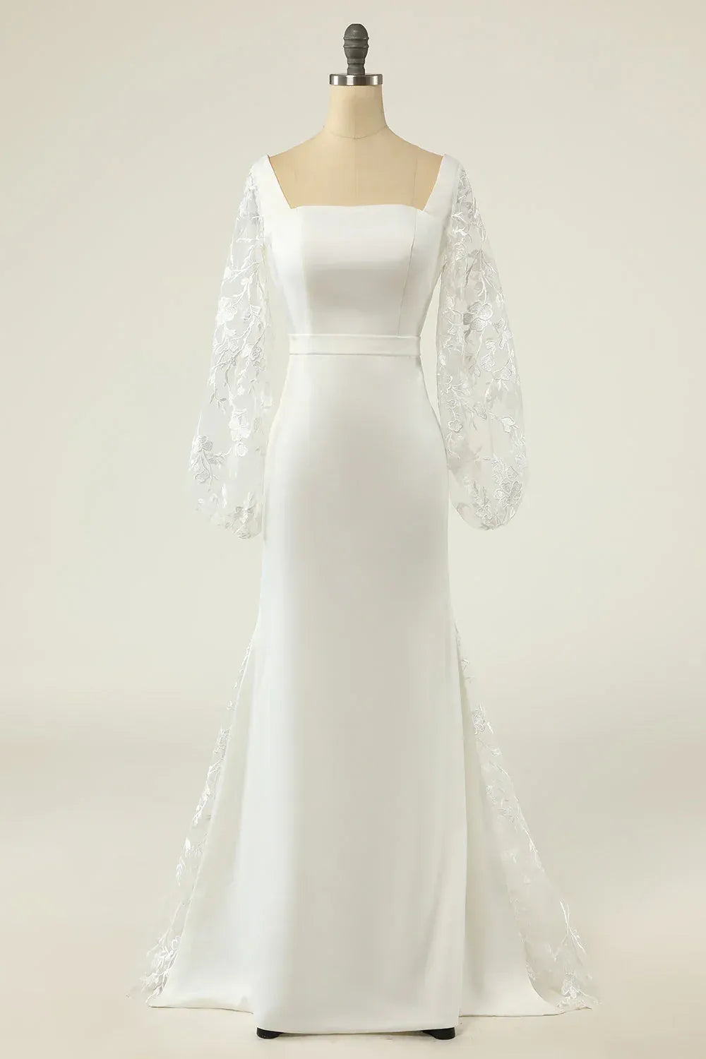 Mermaid Square Neck Satin Puff Sleeve Train Wedding Dress - Yihuiw by Yihuiw