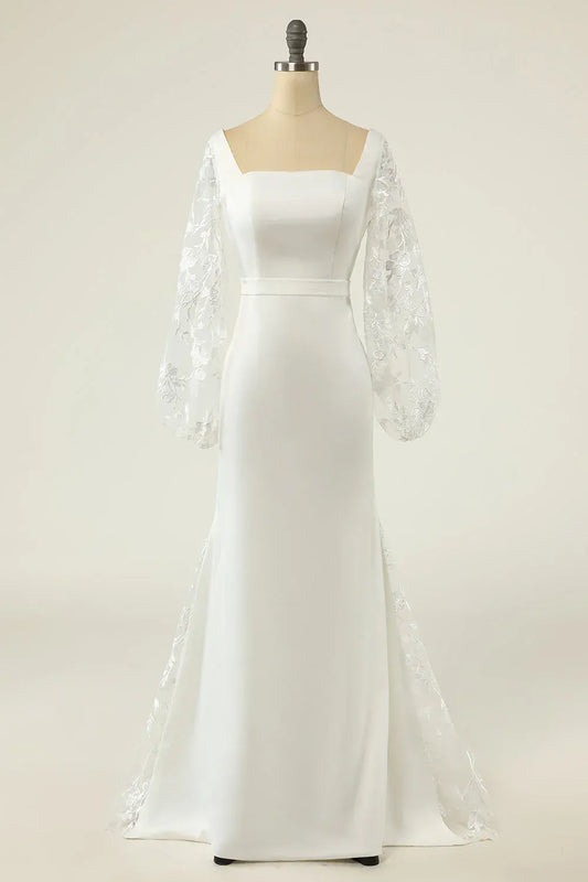 Mermaid Square Neck Satin Puff Sleeve Train Wedding Dress - Yihuiw by Yihuiw