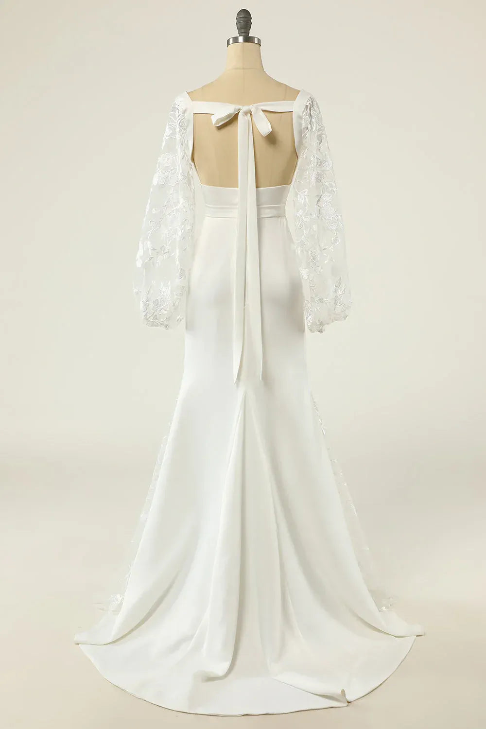 Mermaid Square Neck Satin Puff Sleeve Train Wedding Dress - Yihuiw by Yihuiw