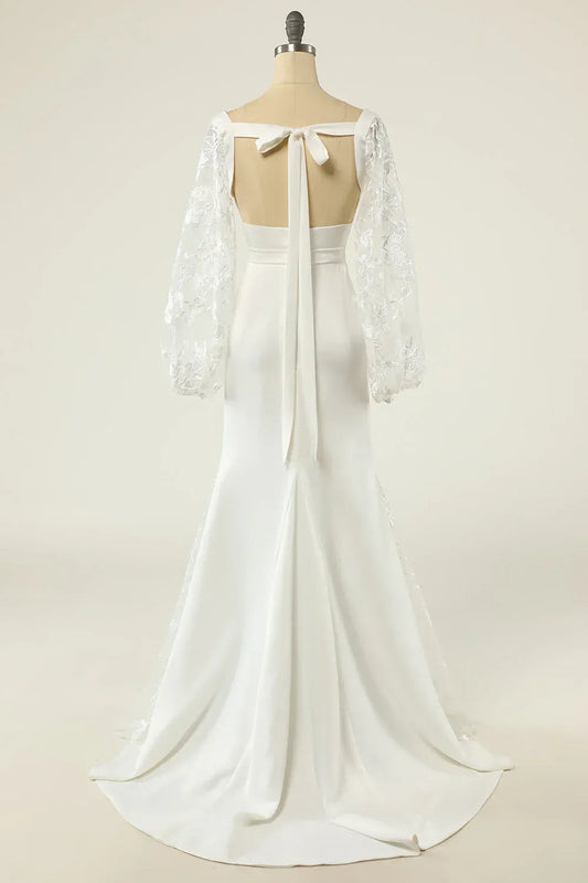 Mermaid Square Neck Satin Puff Sleeve Train Wedding Dress - Yihuiw by Yihuiw