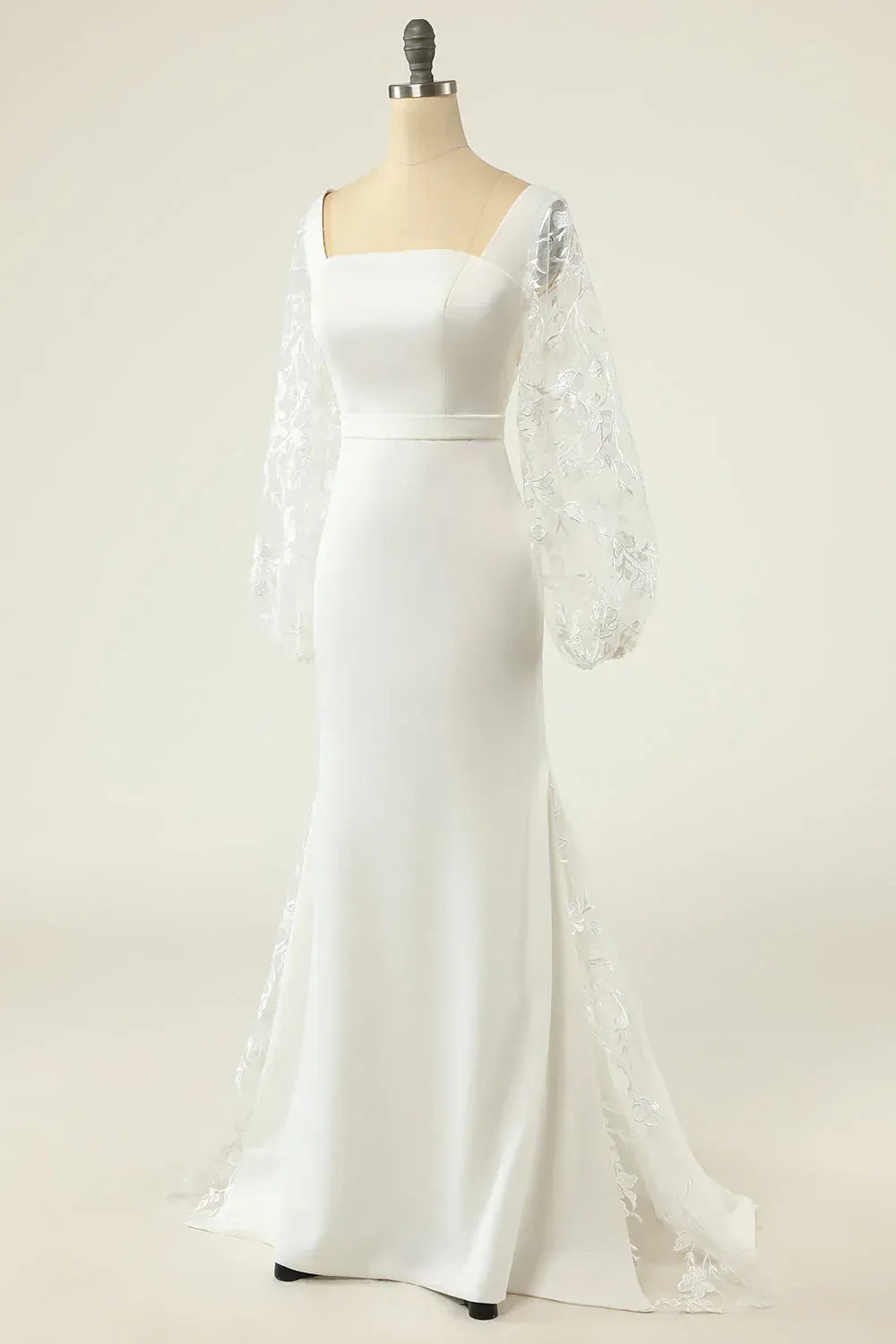Mermaid Square Neck Satin Puff Sleeve Train Wedding Dress - Yihuiw by Yihuiw