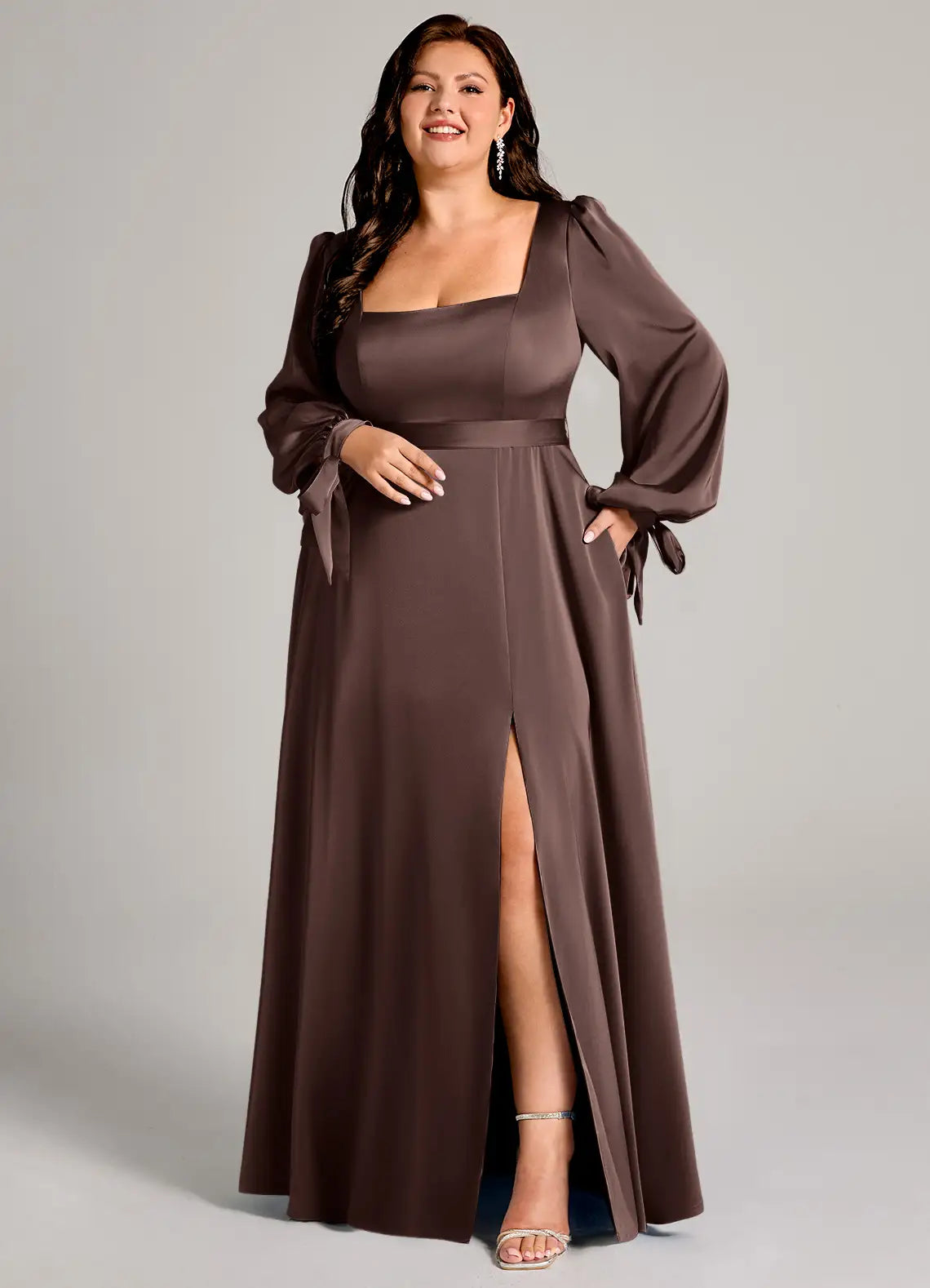 Square Neck Long Sleeve High Slit Floor-Length Wedding Dress - Yihuiw by Yihuiw