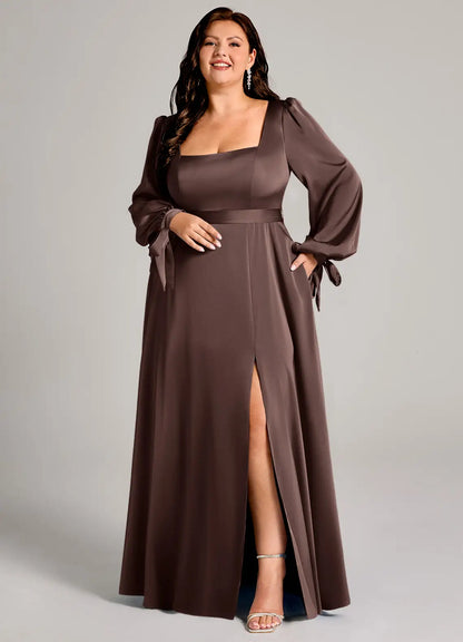 Square Neck Long Sleeve High Slit Floor-Length Wedding Dress - Yihuiw by Yihuiw