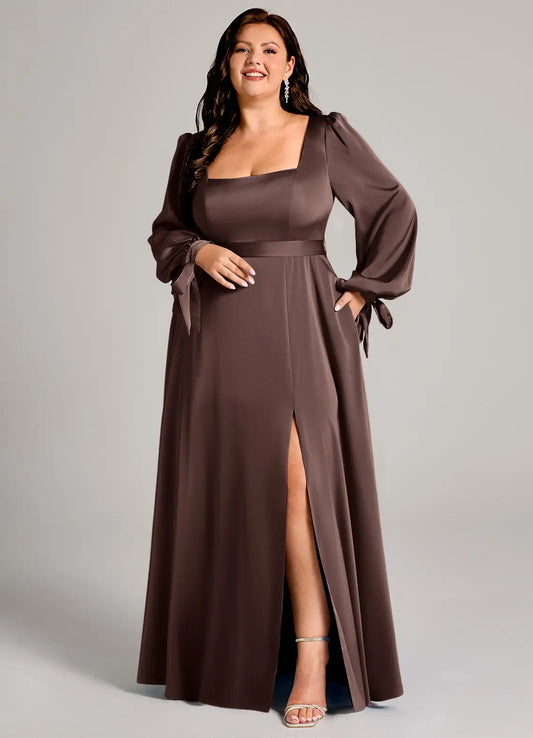 Square Neck Long Sleeve High Slit Floor-Length Wedding Dress - Yihuiw by Yihuiw