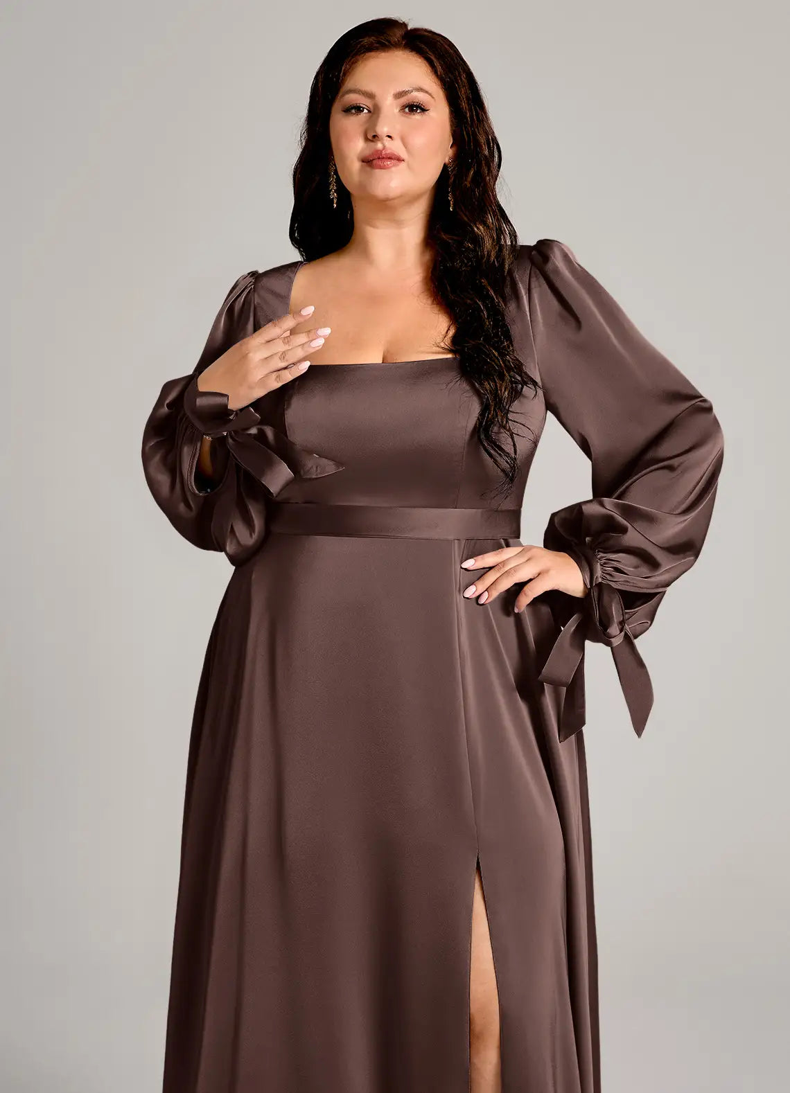 Square Neck Long Sleeve High Slit Floor-Length Wedding Dress - Yihuiw by Yihuiw
