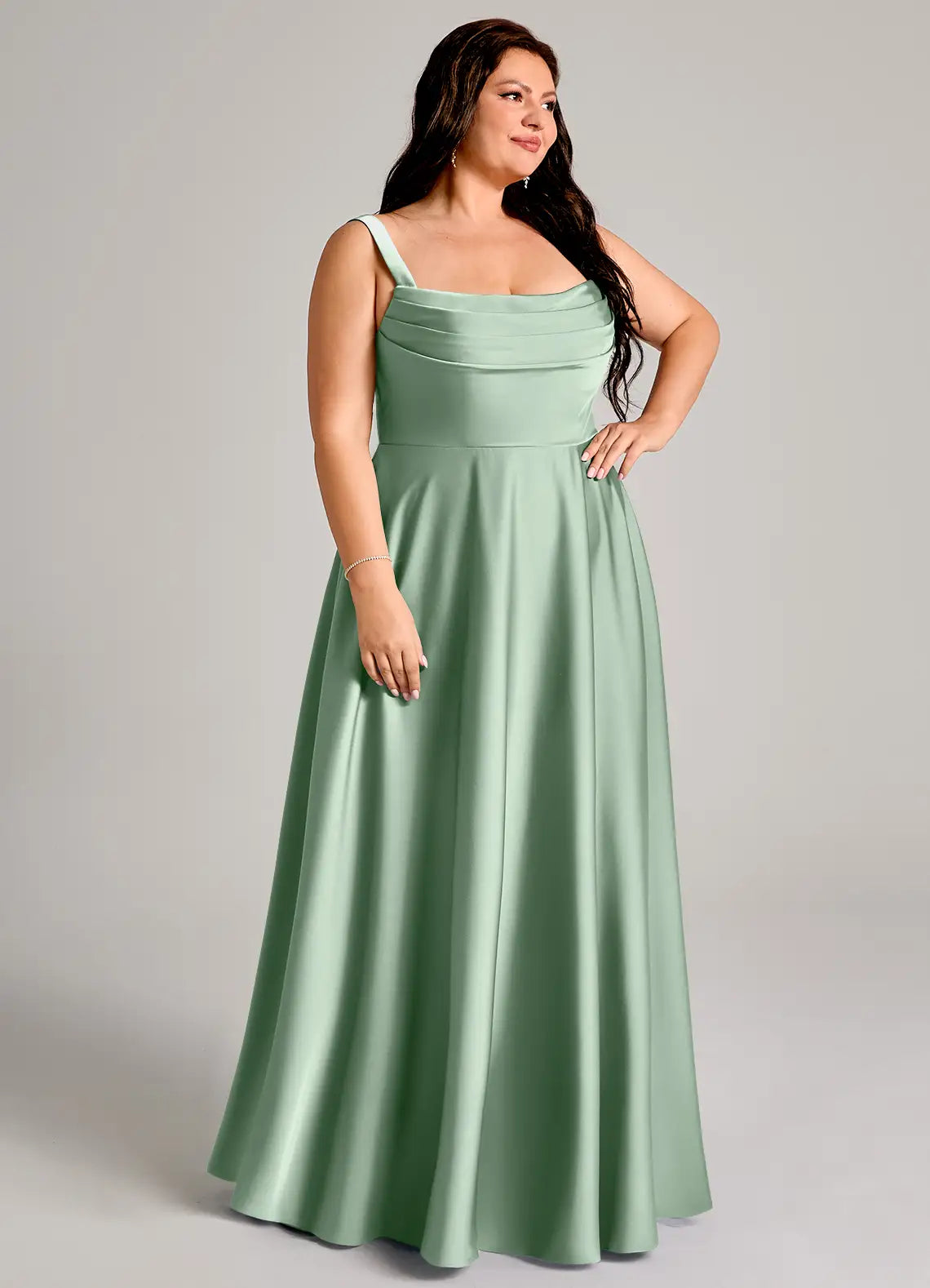 Square Neck Satin Pleated Floor-Length Wedding Dress - Yihuiw by Yihuiw
