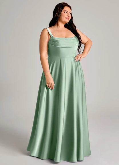 Square Neck Satin Pleated Floor-Length Wedding Dress - Yihuiw by Yihuiw