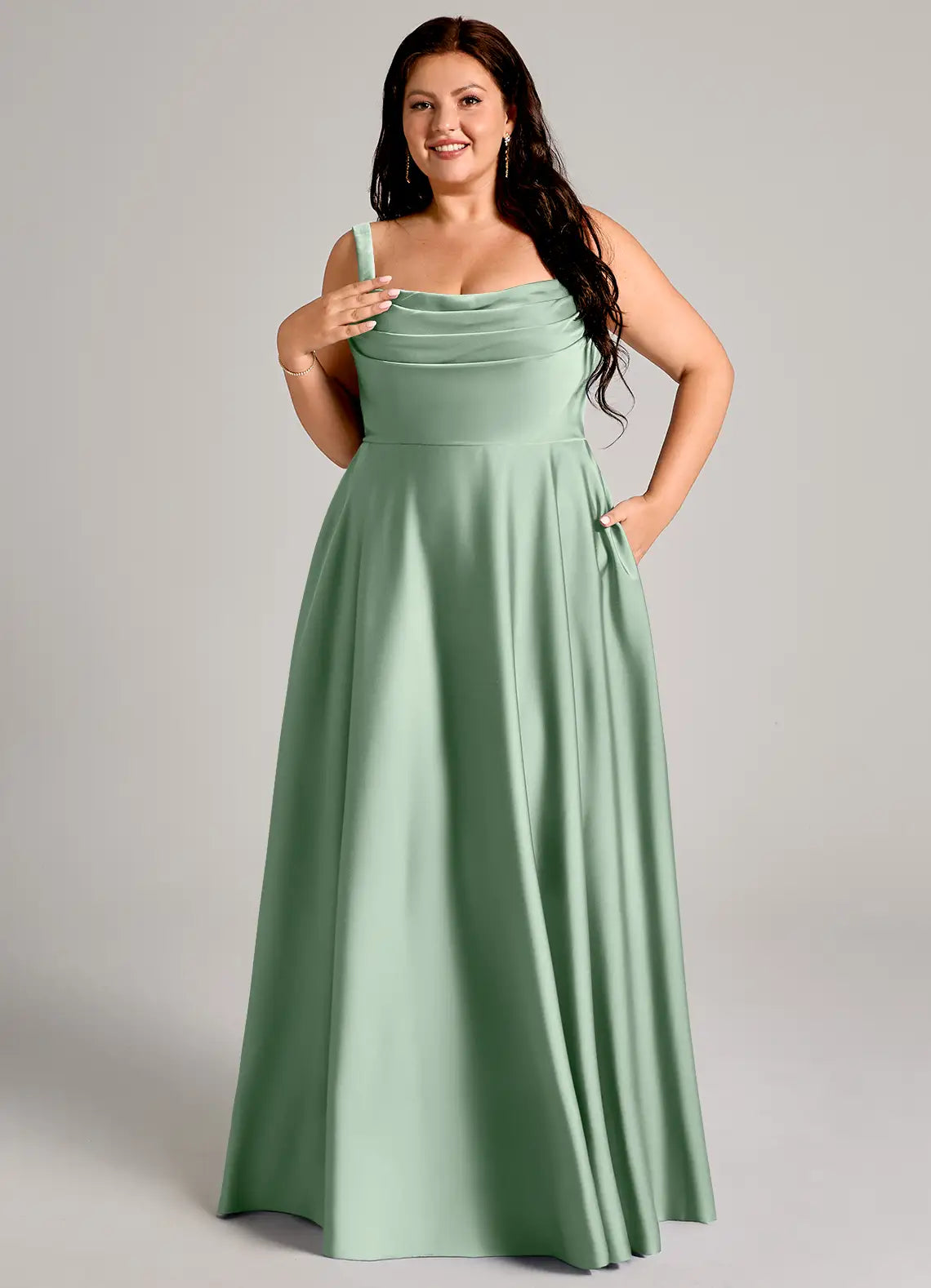 Square Neck Satin Pleated Floor-Length Wedding Dress - Yihuiw by Yihuiw