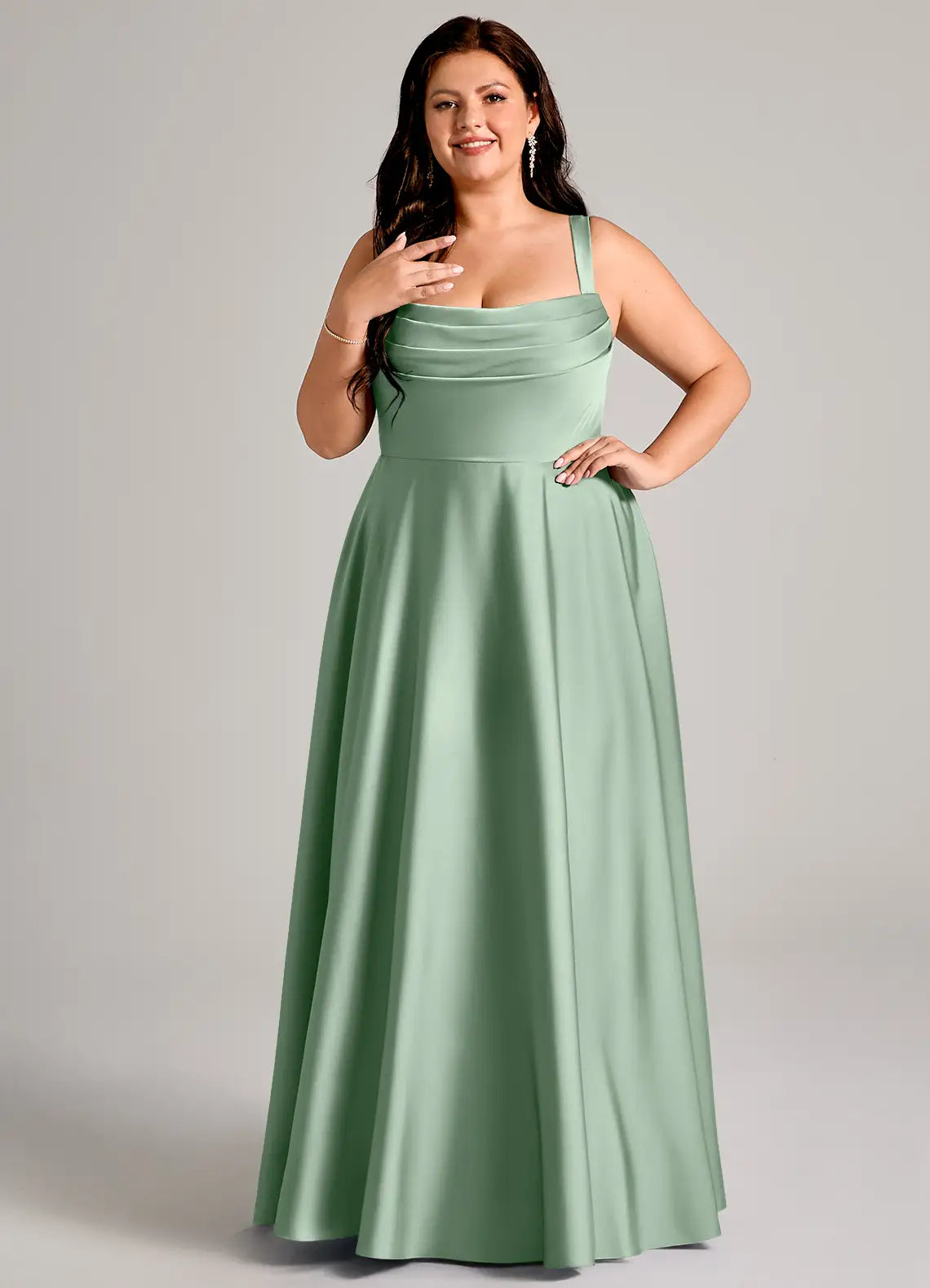 Square Neck Satin Pleated Floor-Length Wedding Dress - Yihuiw by Yihuiw