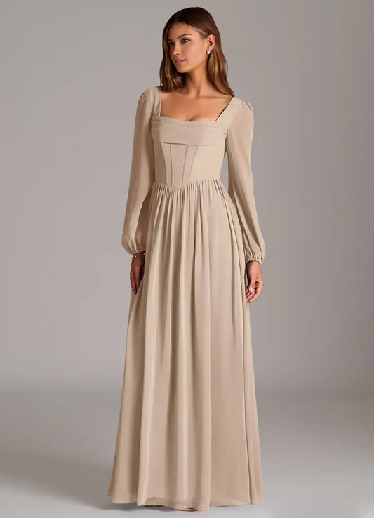 A-Line Square Neck Chiffon Long Sleeve Lace-Up Back Wedding Dress - Yihuiw by Yihuiw