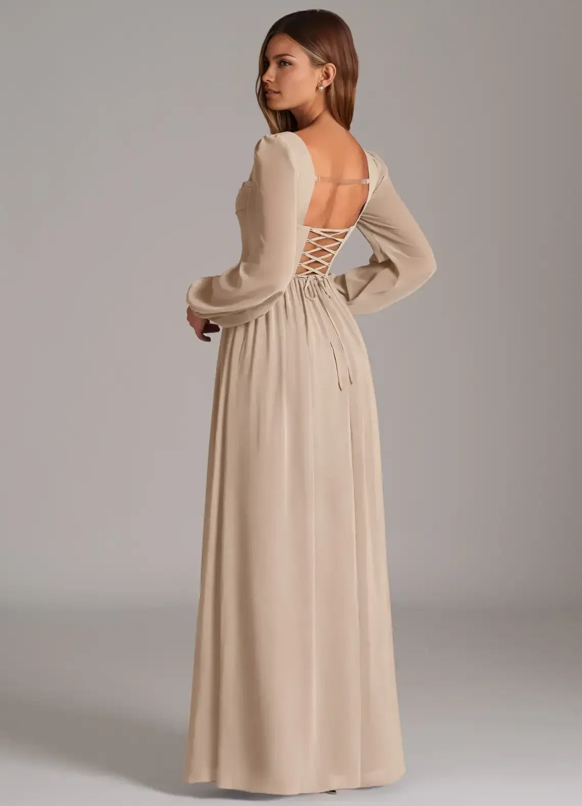A-Line Square Neck Chiffon Long Sleeve Lace-Up Back Wedding Dress - Yihuiw by Yihuiw
