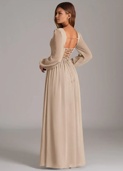 A-Line Square Neck Chiffon Long Sleeve Lace-Up Back Wedding Dress - Yihuiw by Yihuiw