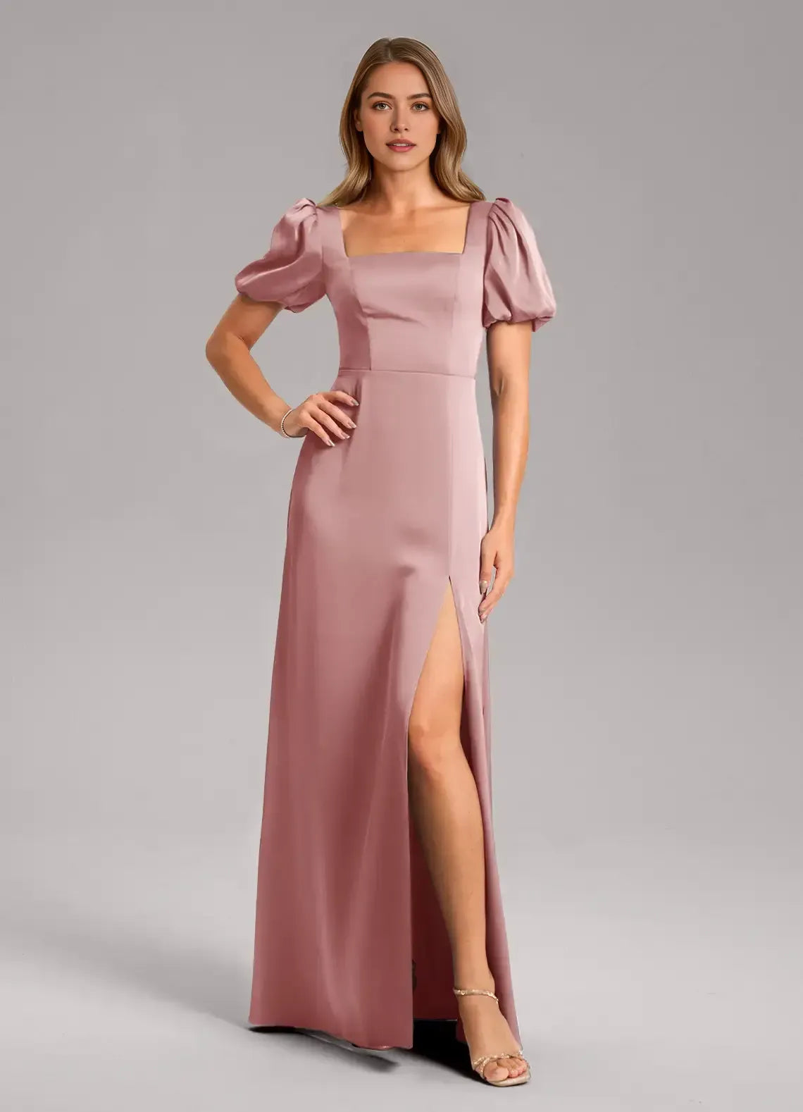 Square Neck Satin Short Sleeve High Slit Mini Wedding Dress - Yihuiw by Yihuiw