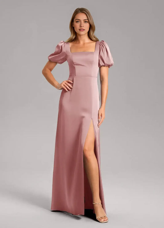 Square Neck Satin Short Sleeve High Slit Mini Wedding Dress - Yihuiw by Yihuiw