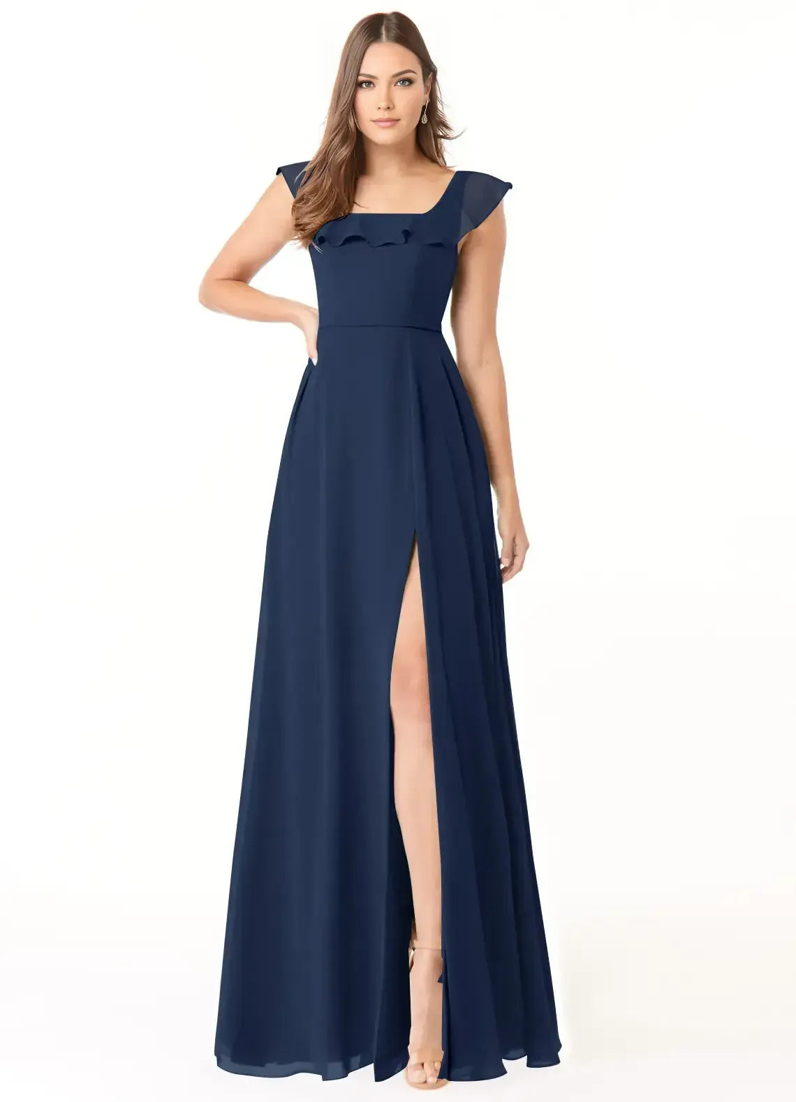 A-Line Square Neck Chiffon Cap Sleeve High Slit Wedding Dress - Yihuiw by Yihuiw