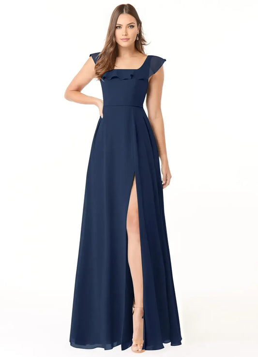 A-Line Square Neck Chiffon Cap Sleeve High Slit Wedding Dress - Yihuiw by Yihuiw
