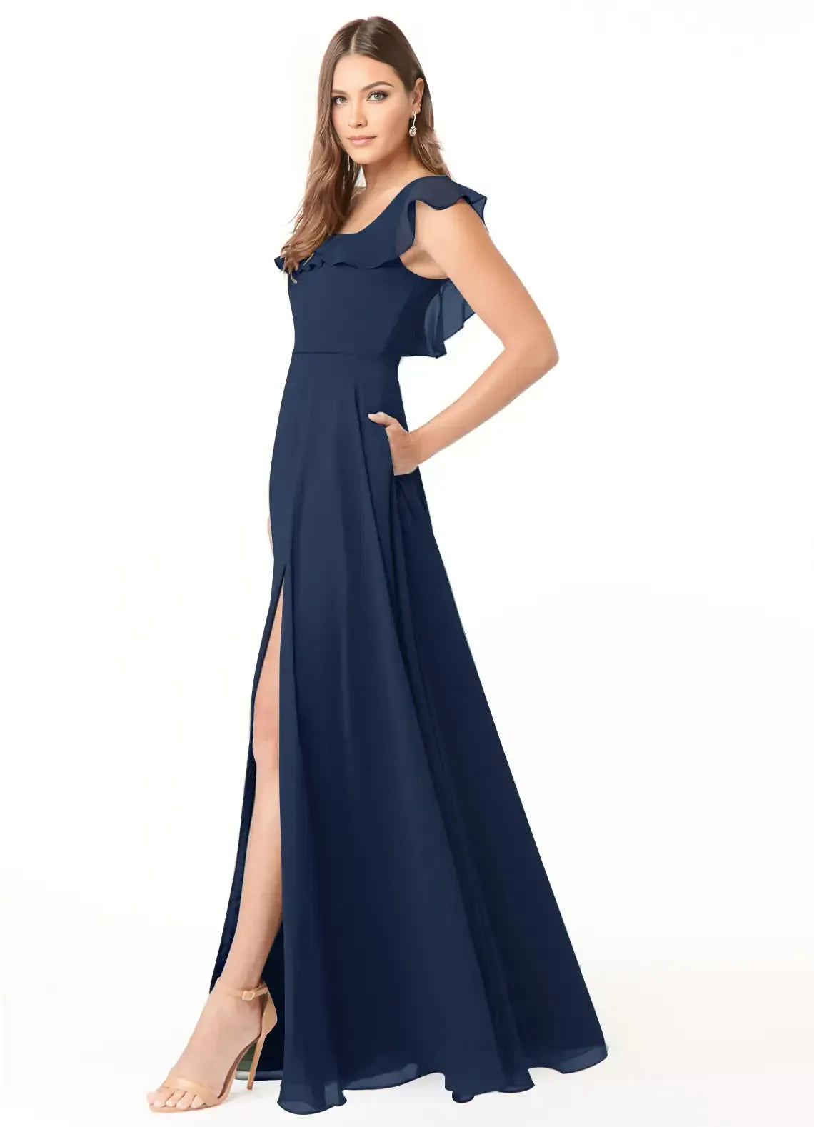 A-Line Square Neck Chiffon Cap Sleeve High Slit Wedding Dress - Yihuiw by Yihuiw