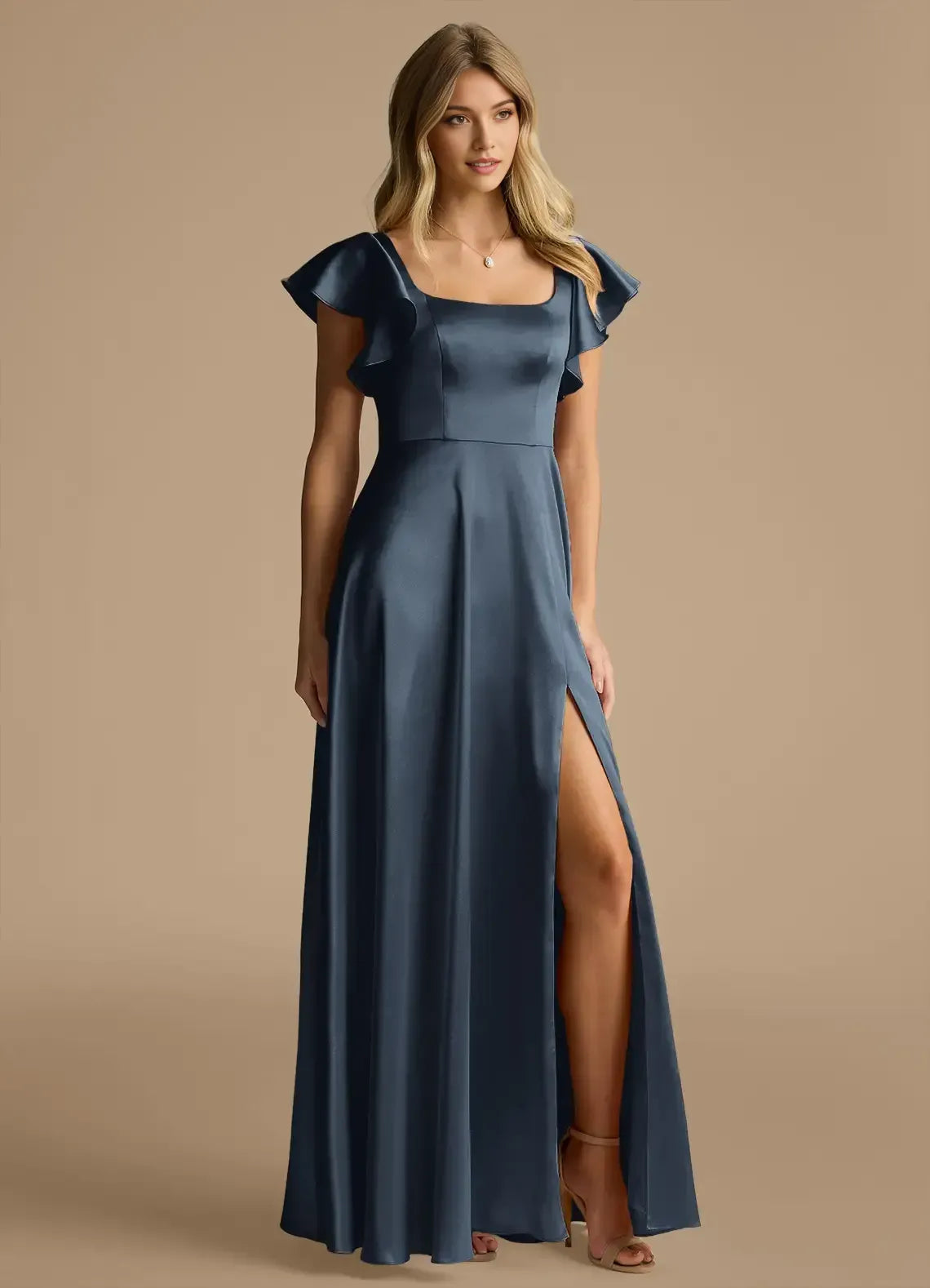 A-Line Square Neck Satin Short Sleeve Open Back High Slit Mini Wedding Dress - Yihuiw by Yihuiw