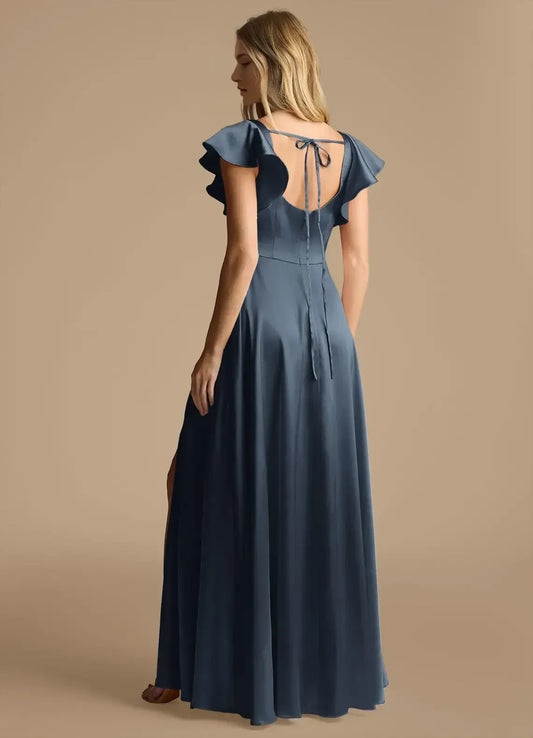 A-Line Square Neck Satin Short Sleeve Open Back High Slit Mini Wedding Dress - Yihuiw by Yihuiw