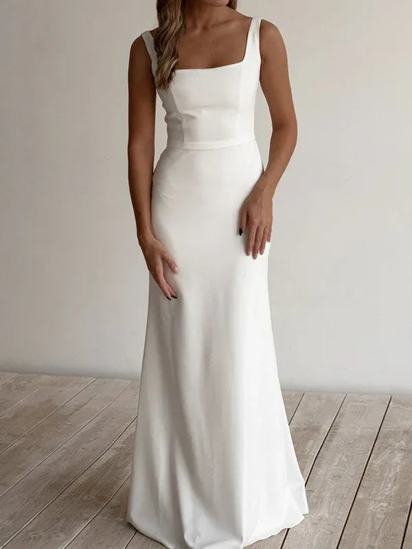 Mermaid Square Neck Crepe Sleeveless Wedding Dress - Yihuiw by Yihuiw