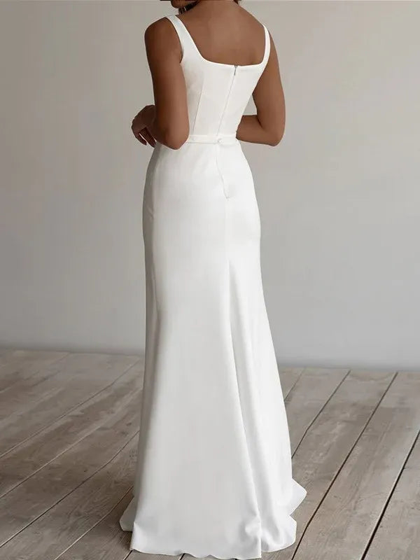 Mermaid Square Neck Crepe Sleeveless Wedding Dress - Yihuiw by Yihuiw