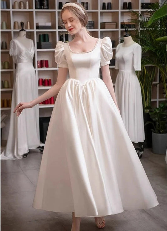 Square-Neck Puff-Sleeve Satin Wedding Dress with Pearl Trim, Lace-Up Back & A-Line Skirt