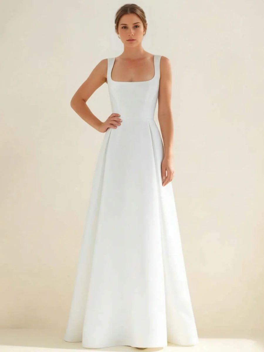 Square-Neck Satin Wedding Dress with Wide Straps, Pleated Ball Dress Skirt & Low Back
