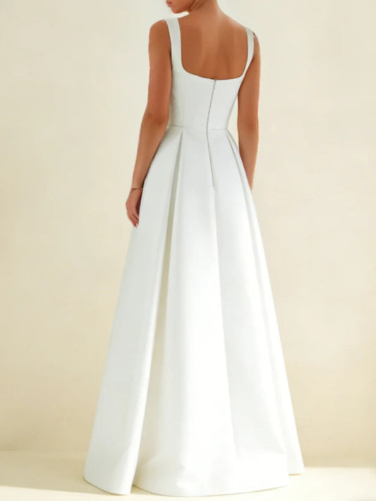 Square-Neck Satin Wedding Dress with Wide Straps, Pleated Ball Dress Skirt & Low Back