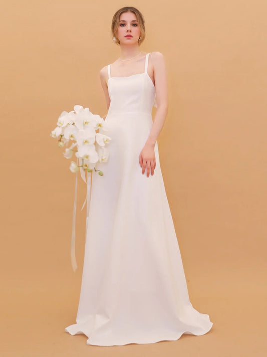 Square-Neck Spaghetti-Strap Satin Wedding Dress with Oversized Back Bow, A-Line Skirt & Chapel Train
