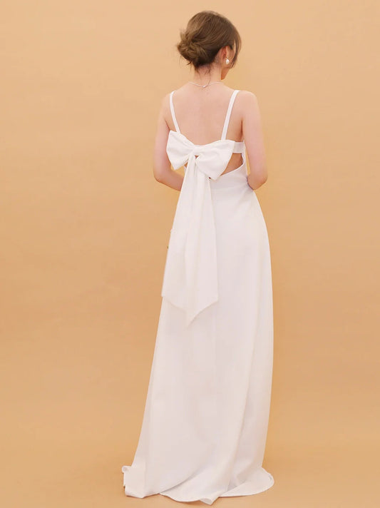 Square-Neck Spaghetti-Strap Satin Wedding Dress with Oversized Back Bow, A-Line Skirt & Chapel Train