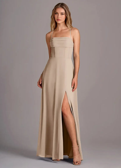 A-Line Spaghetti Strap Chiffon Lace-Up Back High Slit Wedding Dress - Yihuiw by Yihuiw