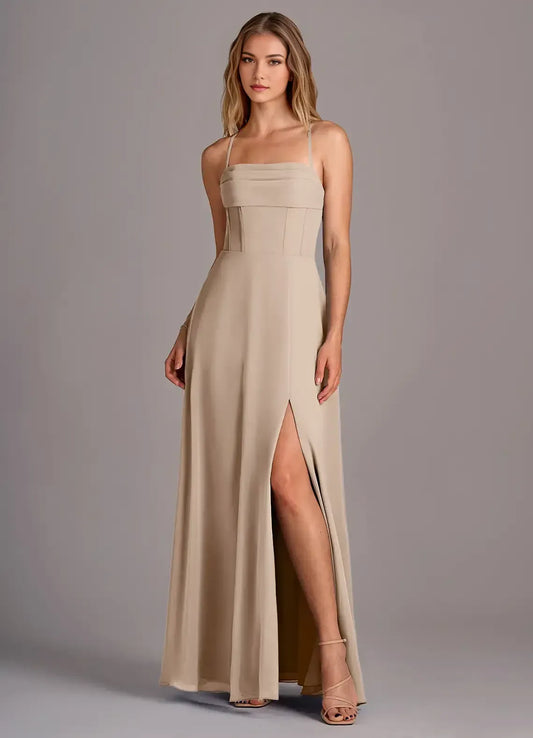 A-Line Spaghetti Strap Chiffon Lace-Up Back High Slit Wedding Dress - Yihuiw by Yihuiw