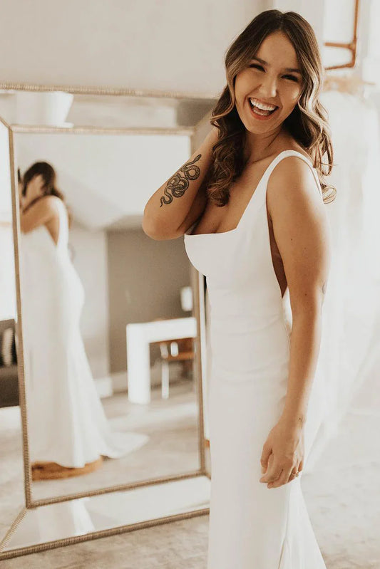 Square Neck Crepe Wedding Dresses with Deep Open Back, Covered Button Closure and Mermaid Silhouette Bridal Dress