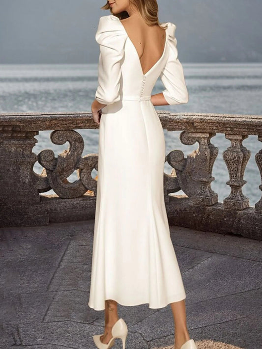 Square Neck Puff Sleeve Midi Wedding Dress Backless V Back Trumpet Bridal Dress