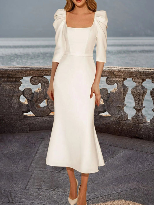 Square Neck Puff Sleeve Midi Wedding Dress Backless V Back Trumpet Bridal Dress