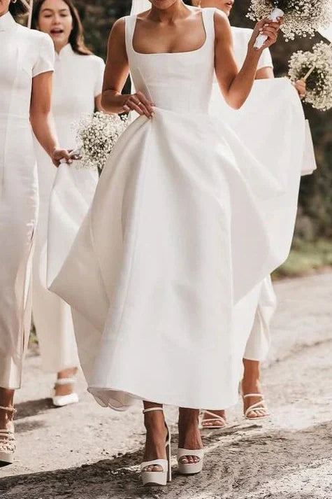 Square Neck Satin Wedding Dresses with Low V-Back, Covered Button Closure and Voluminous A-Line Skirt Bridal Dress