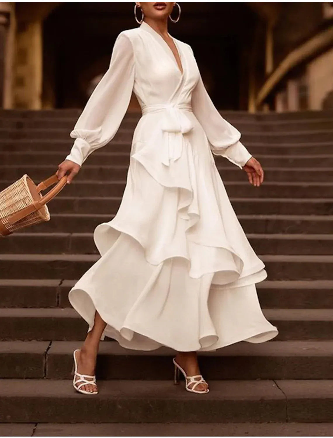 Satin Ruffled Wedding Dress - Yihuiw by Yihuiw