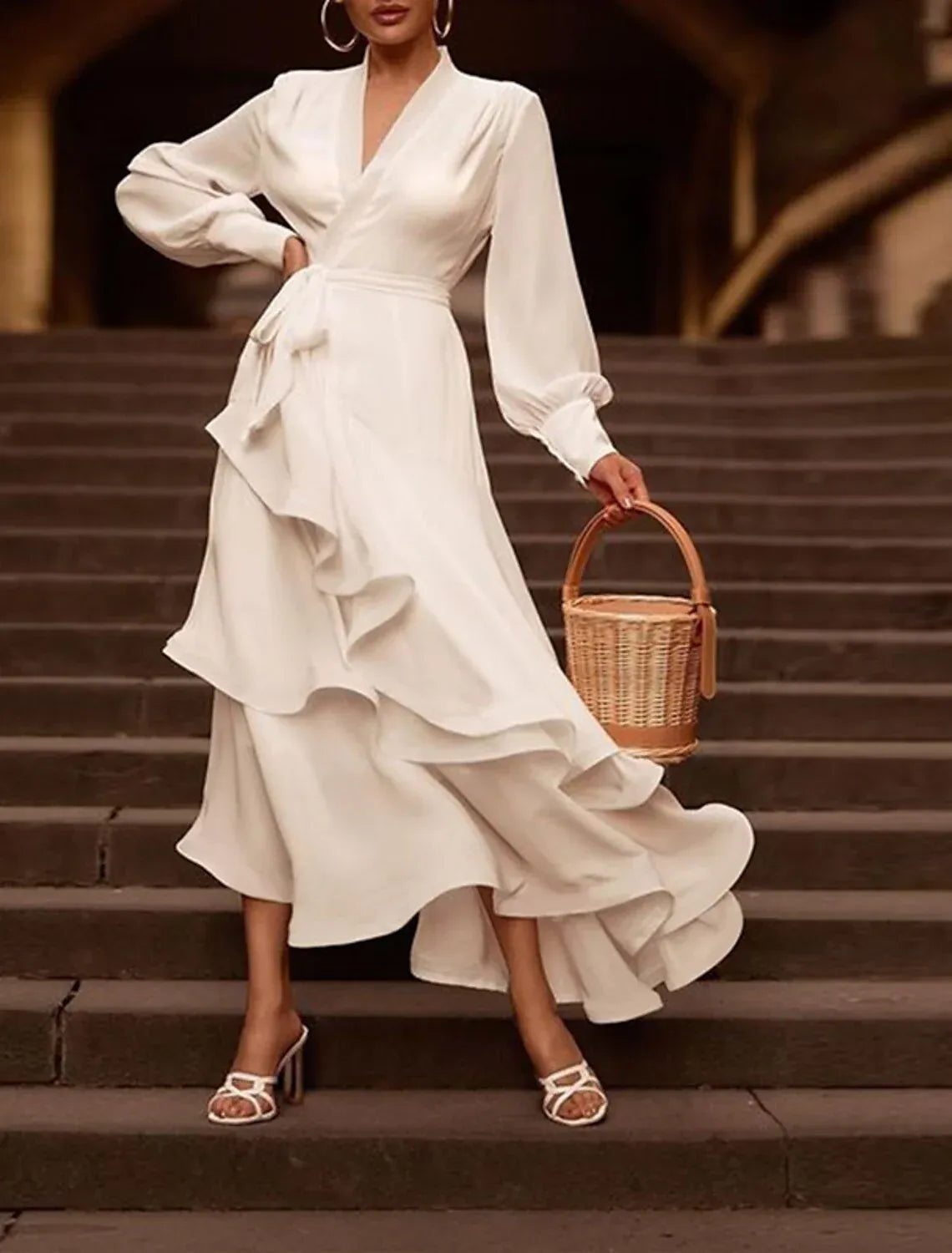 Satin Ruffled Wedding Dress - Yihuiw by Yihuiw