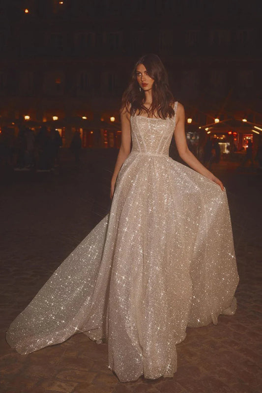 Starry Glitter Ballgown Square-Neck Spaghetti-Strap Lace-Up-Back Cathedral-Train Wedding Dress