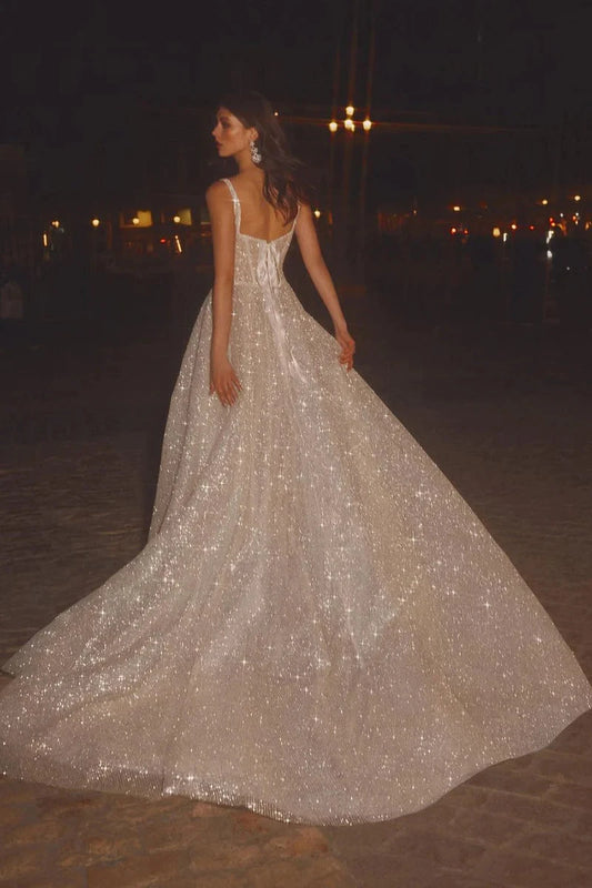 Starry Glitter Ballgown Square-Neck Spaghetti-Strap Lace-Up-Back Cathedral-Train Wedding Dress by YiHuiw