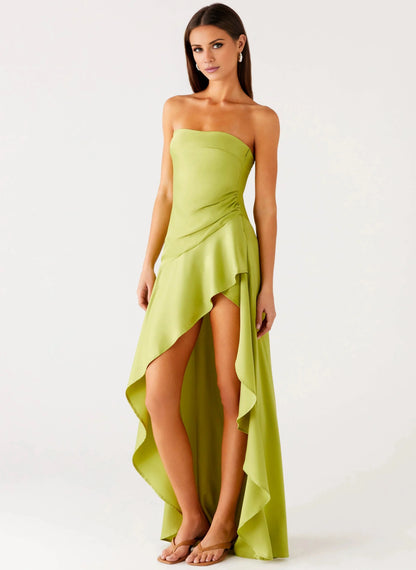 Statement-Making A-Line Off the Shoulder Neck Strapless Asymmetrical Ruffle High-Low Prom Dress by YiHuiw