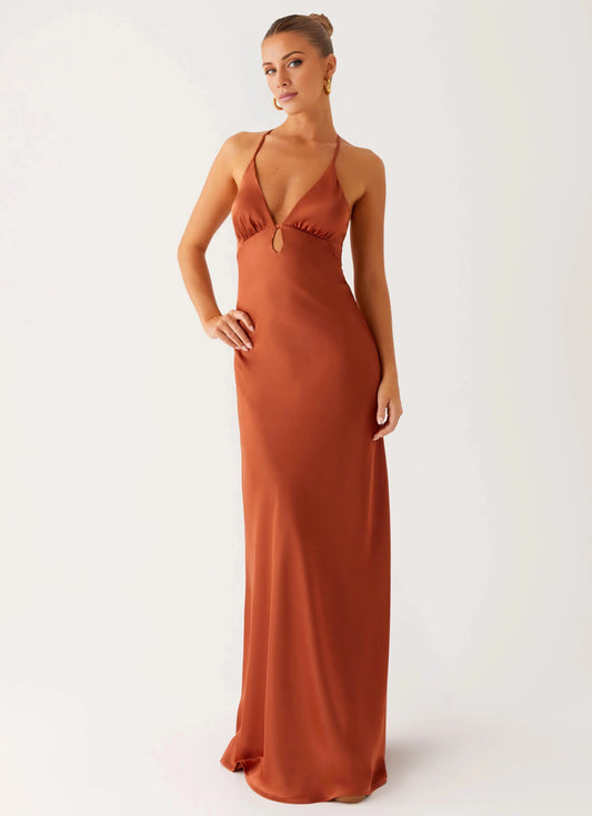 Statement-Making A-Line Satin Halter Neck Sleeveless Keyhole Cross-Back Floor-Length Prom Dress by YiHuiw