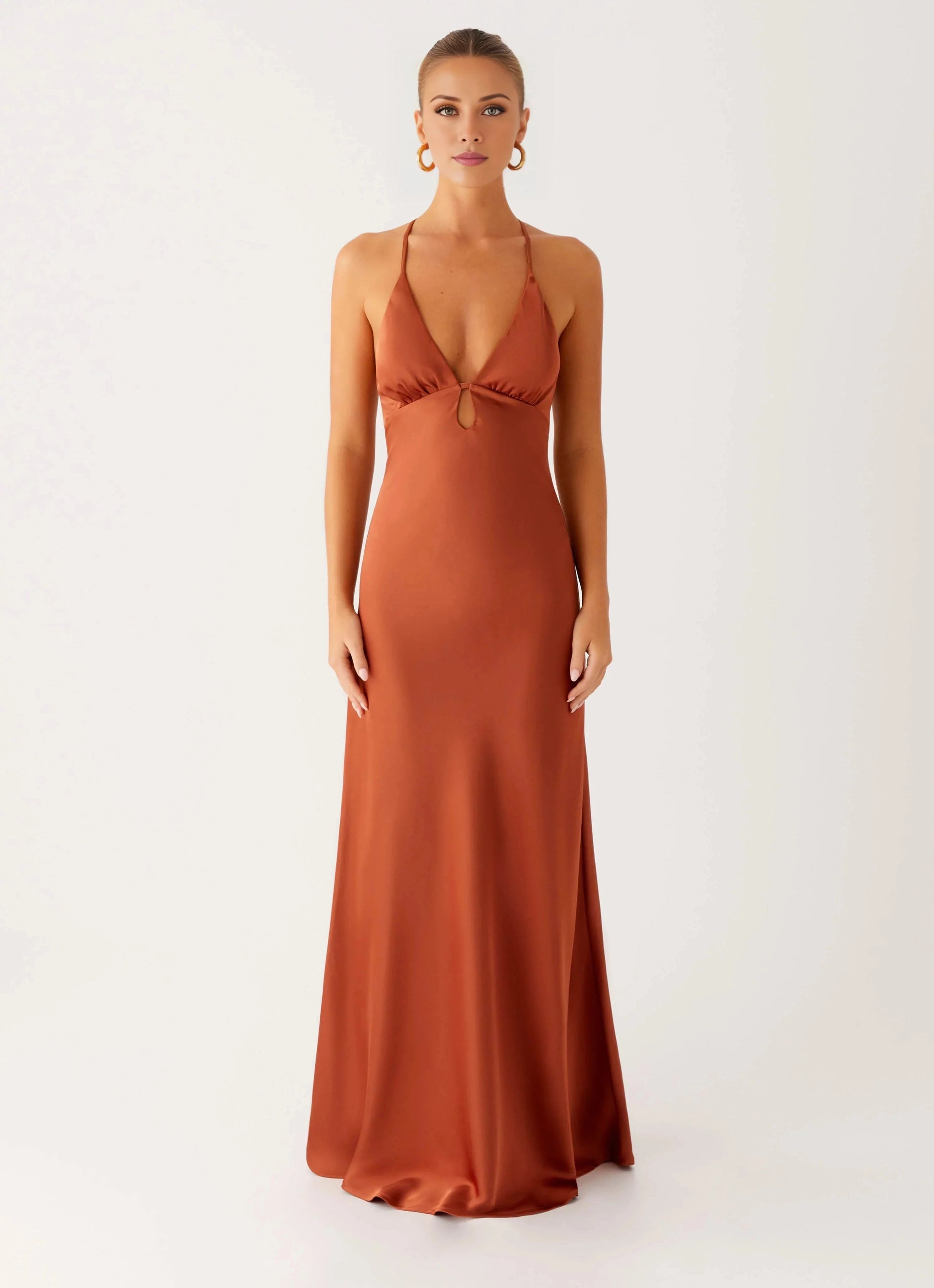 Statement-Making A-Line Satin Halter Neck Sleeveless Keyhole Cross-Back Floor-Length Prom Dress by YiHuiw