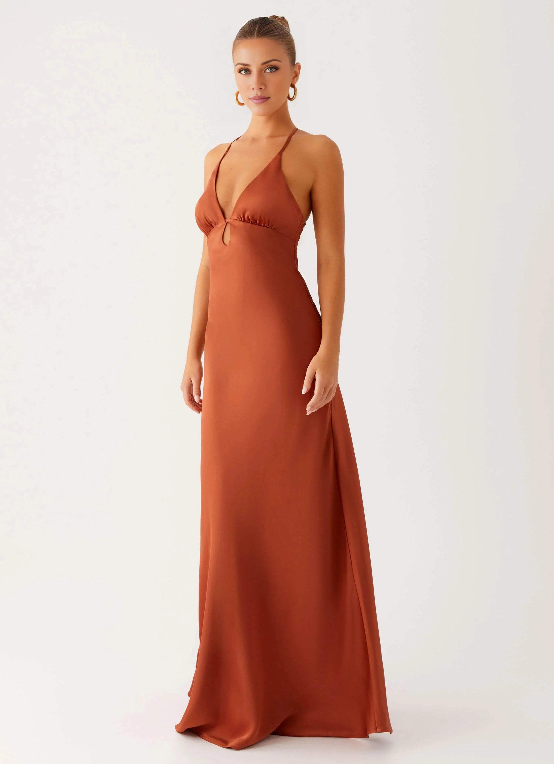 Statement-Making A-Line Satin Halter Neck Sleeveless Keyhole Cross-Back Floor-Length Prom Dress by YiHuiw