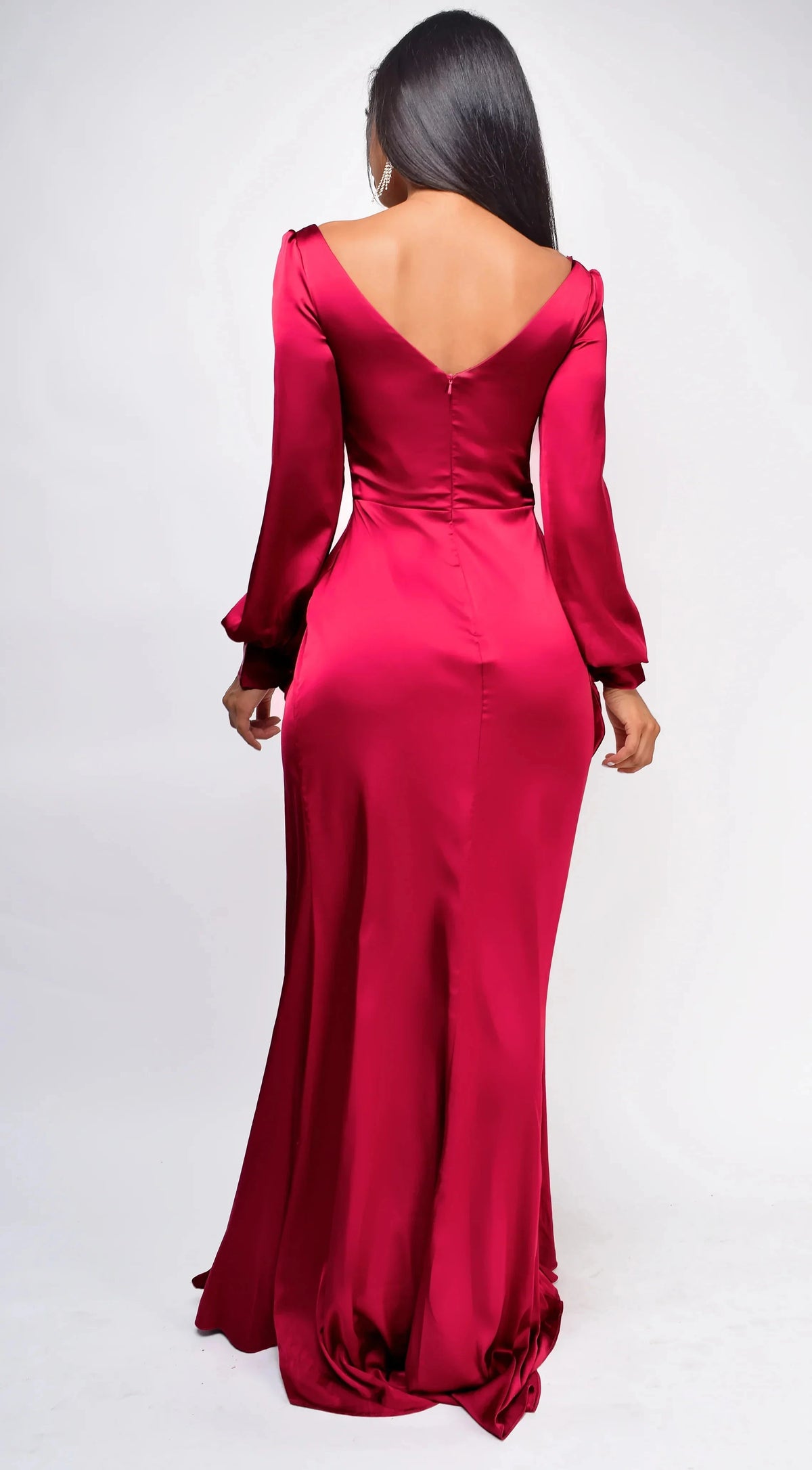 Statement-Making Fuchsia Satin Long-Sleeve V-Neck Ruched High-Slit Floor-Length Evening Dress by YiHuiw
