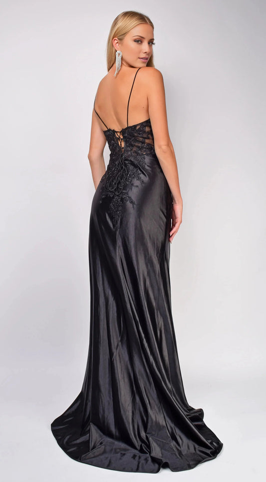 Statement-Making Mermaid V Neck Spaghetti-Strap Plunging Lace-Up-Back High-Slit Floor-Length Evening Dress by YiHuiw