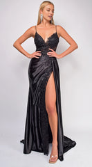 Statement-Making Mermaid V Neck Spaghetti-Strap Plunging Lace-Up-Back High-Slit Floor-Length Evening Dress